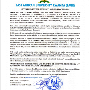 EAUR first page of Tender Announcement: Assistive Technology Procurement for Rwandan Universities