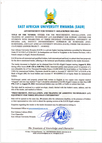 EAUR first page of Tender Announcement: Assistive Technology Procurement for Rwandan Universities